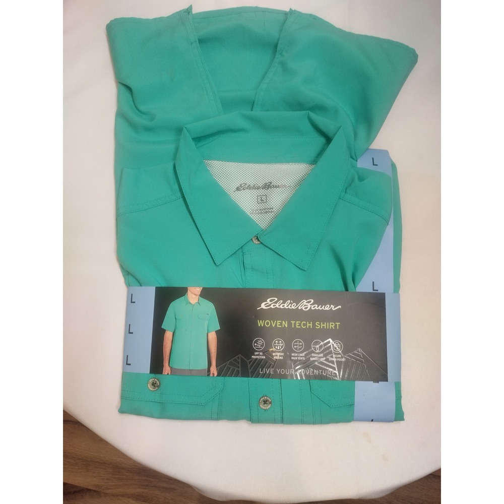 Eddie Bauer Mens Woven Tech Shirt Starling Turquoise UPF 50 Fishing Hiking L NEW